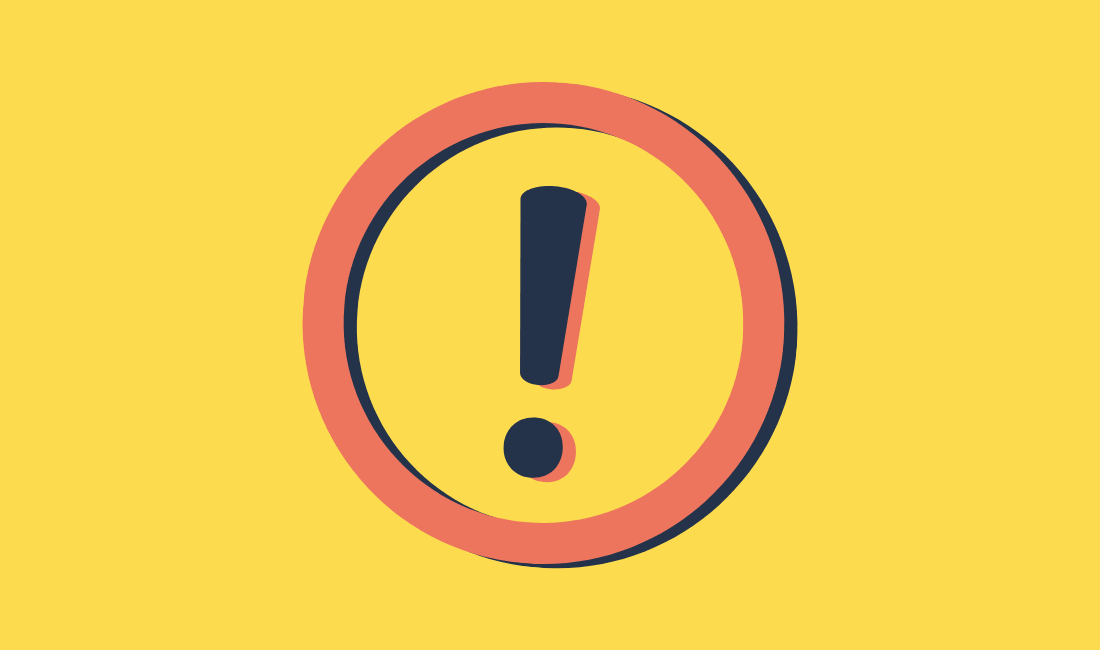 A dark blue exclamation mark on a yellow background. Keyword phrase for this image: Solve problems with blogging